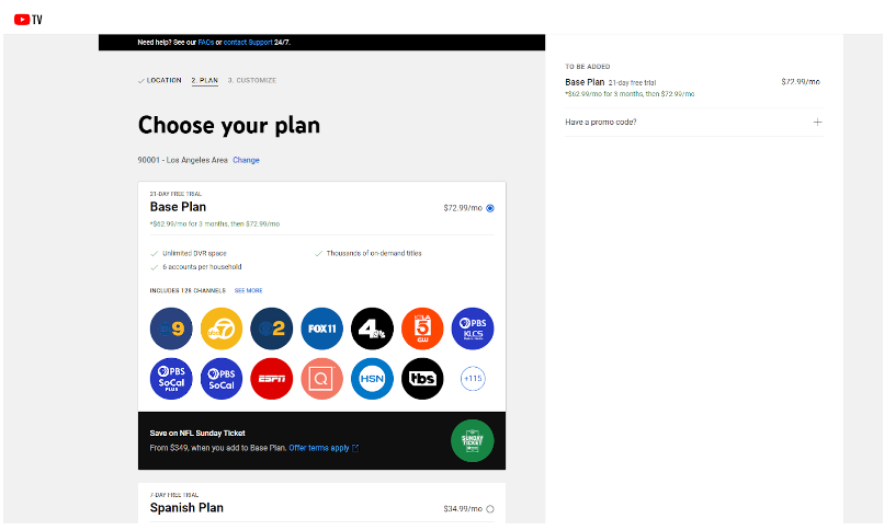 choose plan for youtube tv